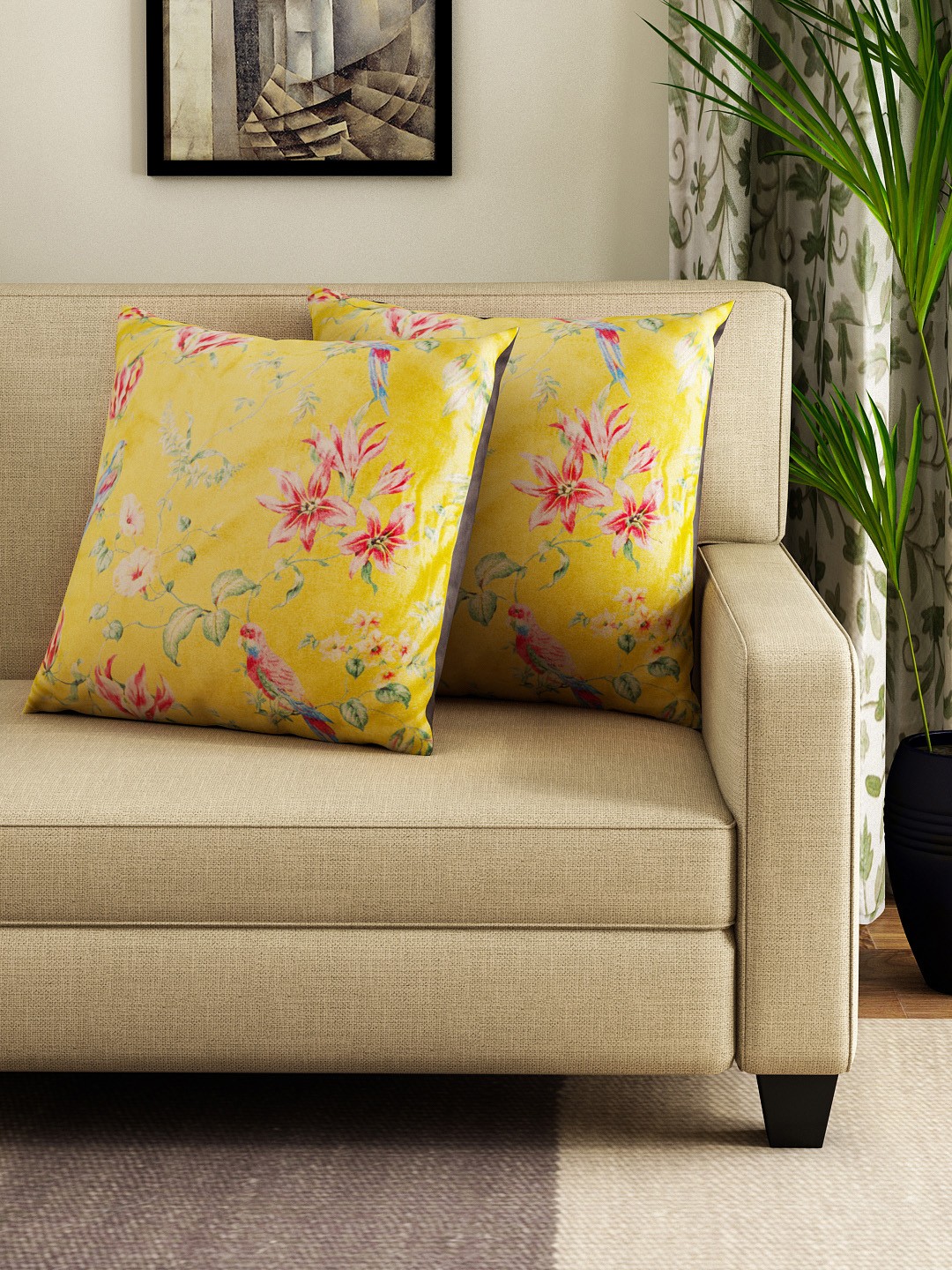 

HOUZZCODE Set of 2 Yellow Printed 16" x 16" Square Cushion Covers