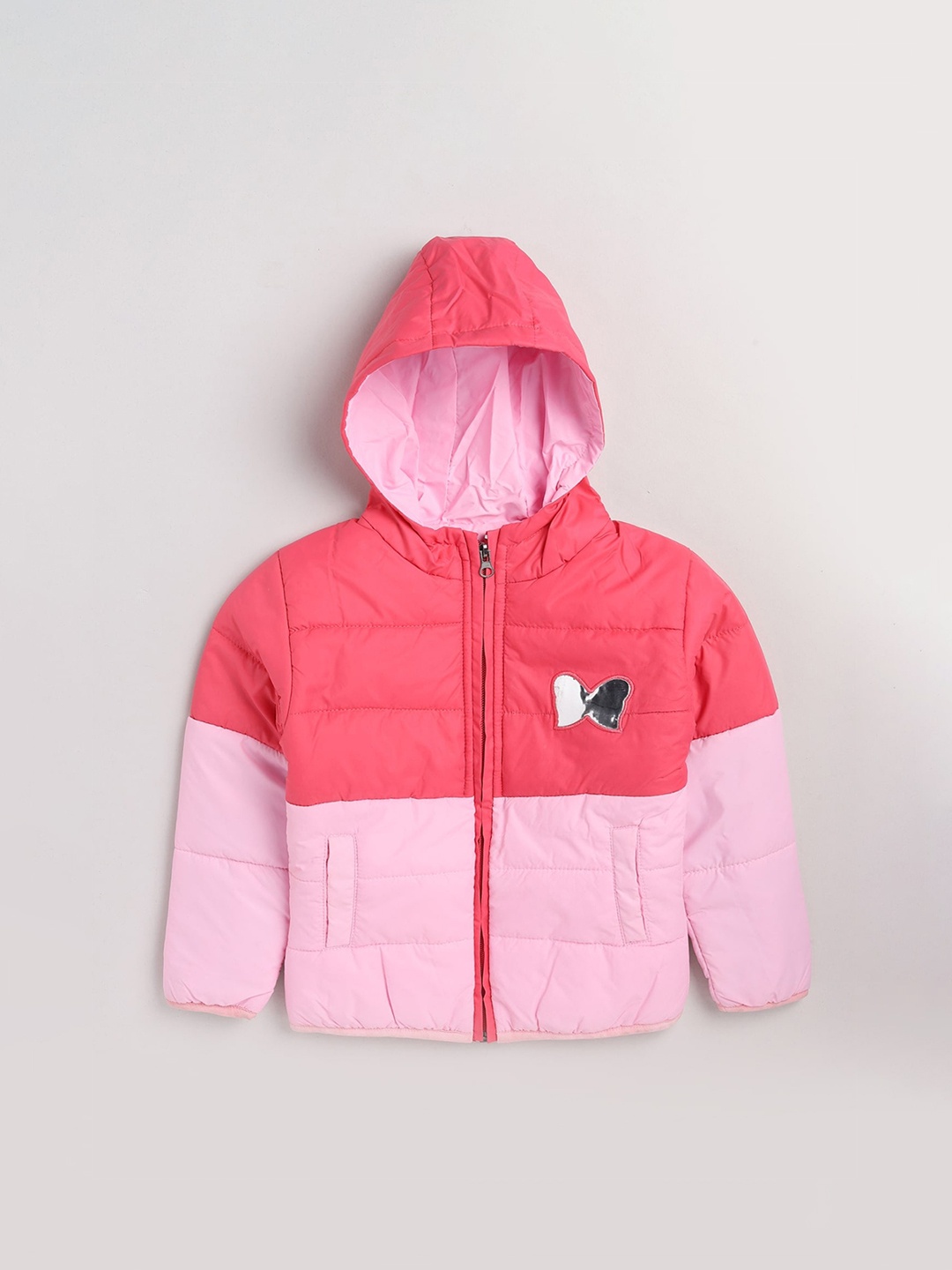

Toonyport Unisex Kids Pink Colourblocked Crop Padded Jacket with Patchwork