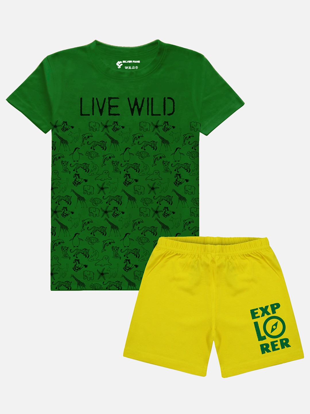 

Silver Fang Boys Green & Yellow Printed Pure Cotton T-shirt with Shorts