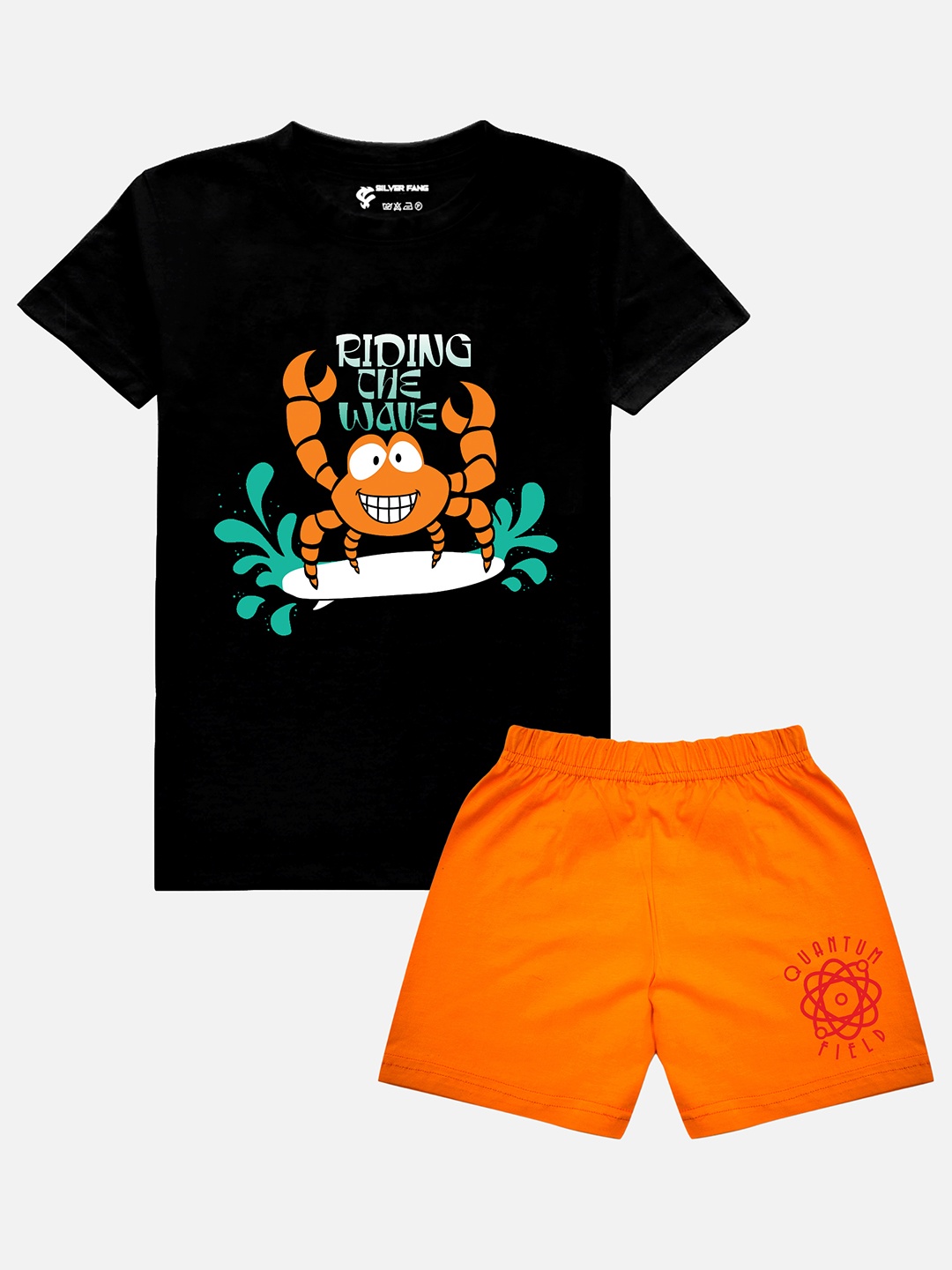 

Silver Fang Boys Blue & Orange Printed Pure Cotton T-shirt With Shorts