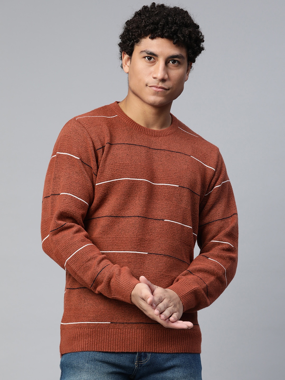 

Pierre Carlo Men Rust Brown Striped Striped Pullover