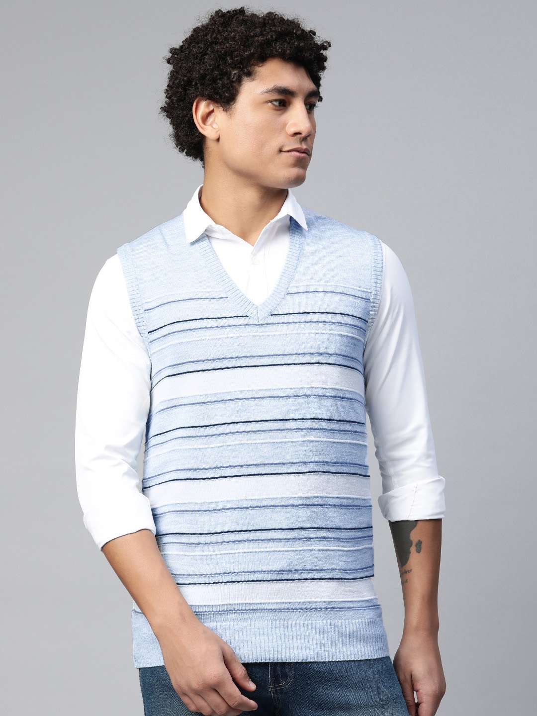 

Pierre Carlo White & Blue Striped Sweater Vest