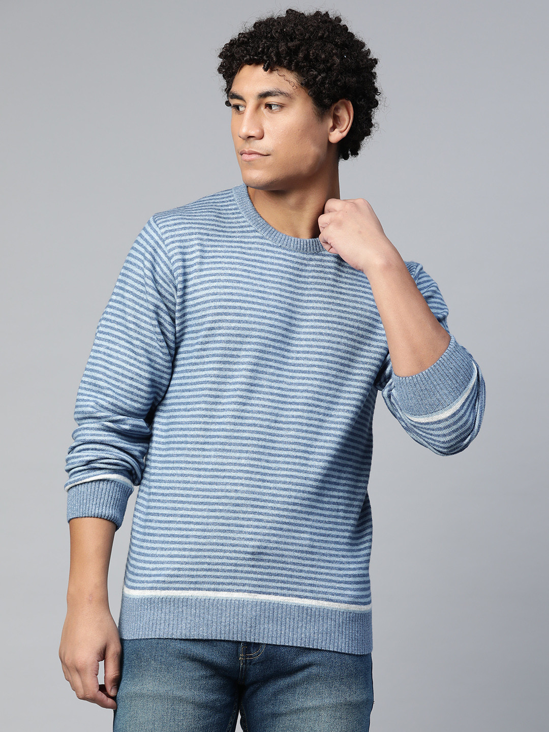 

Pierre Carlo Men Blue Striped Striped Pullover