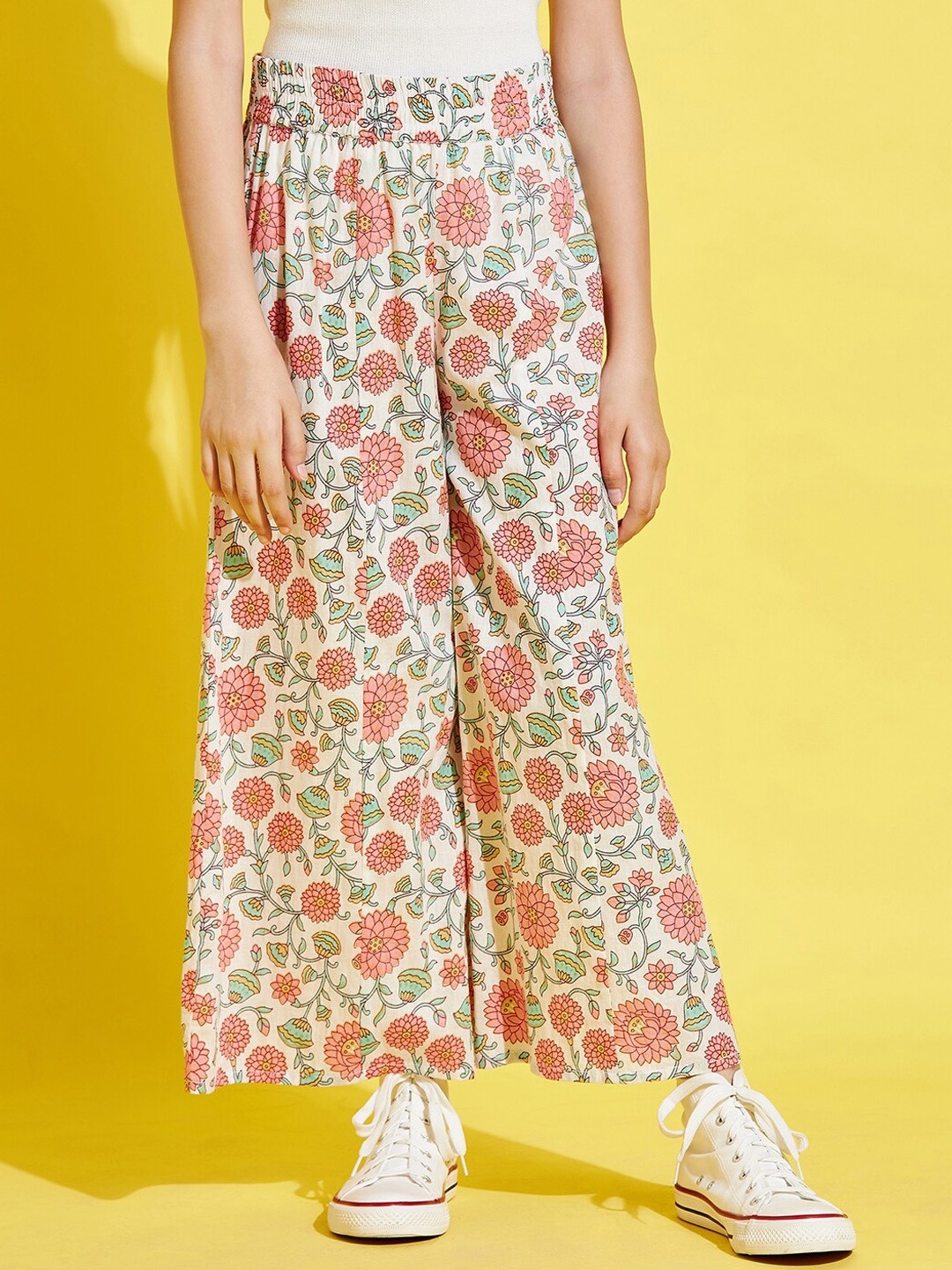 

Cherry & Jerry Girls White Floral Printed Relaxed Cotton Trousers