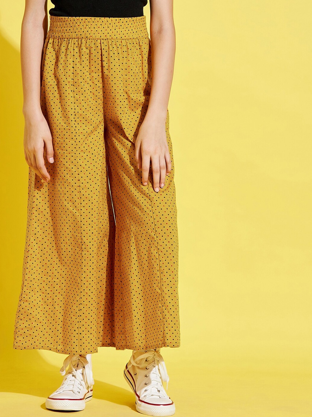 

Cherry & Jerry Girls Mustard Yellow Printed Relaxed cotton Trousers