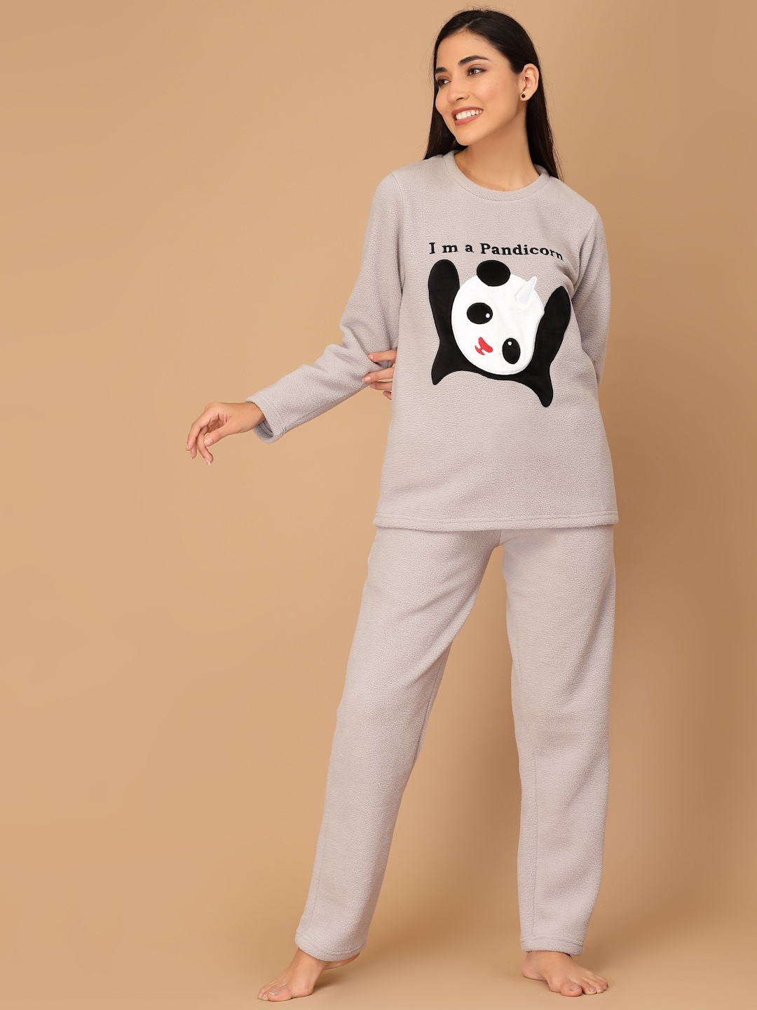 

Sweet Dreams Women Super Soft Polar Fleece Applique Winter Pyjama Set, Grey