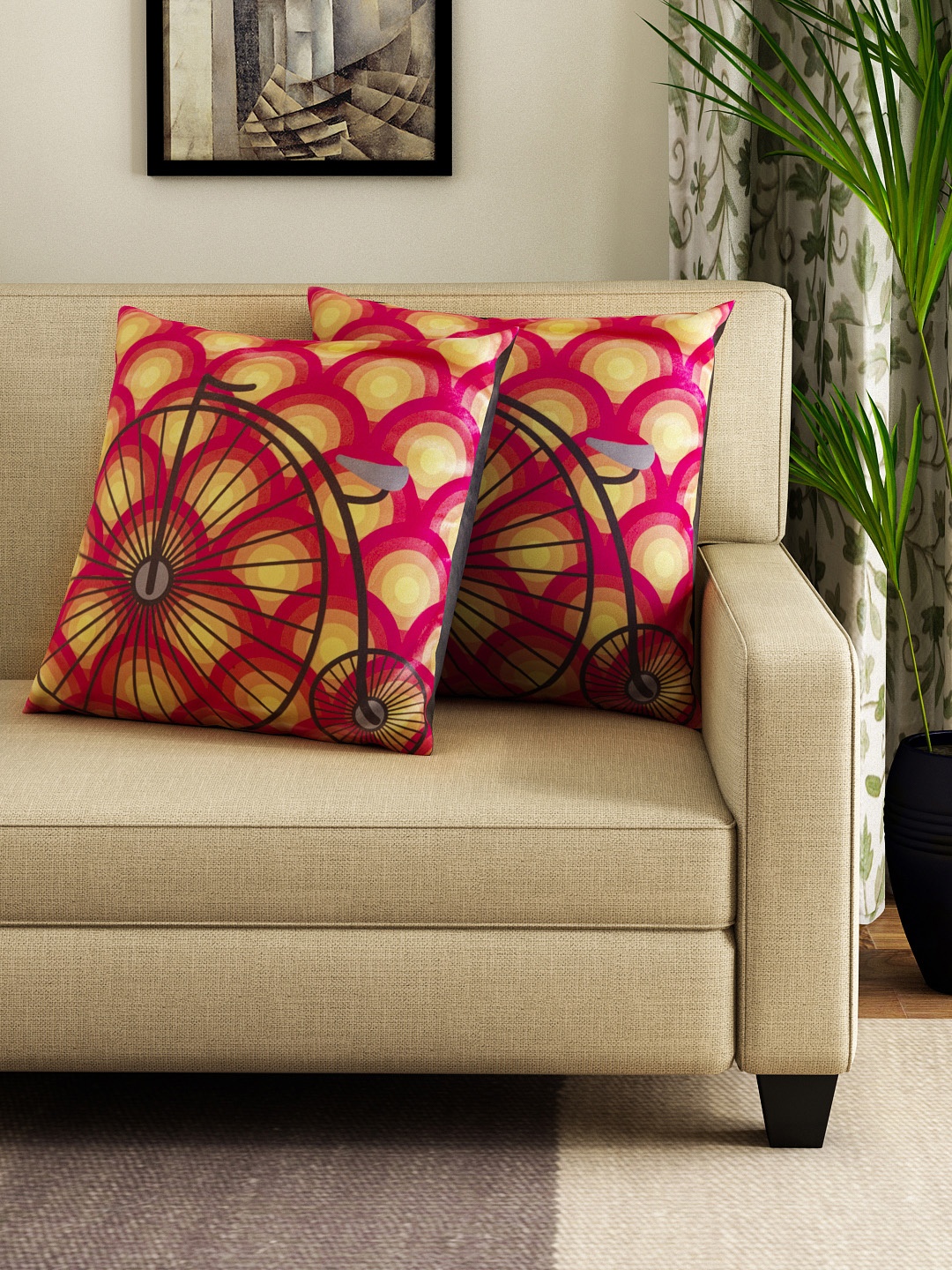 

HOUZZCODE Set of 2 Red & Yellow Printed 16" x 16" Square Cushion Covers