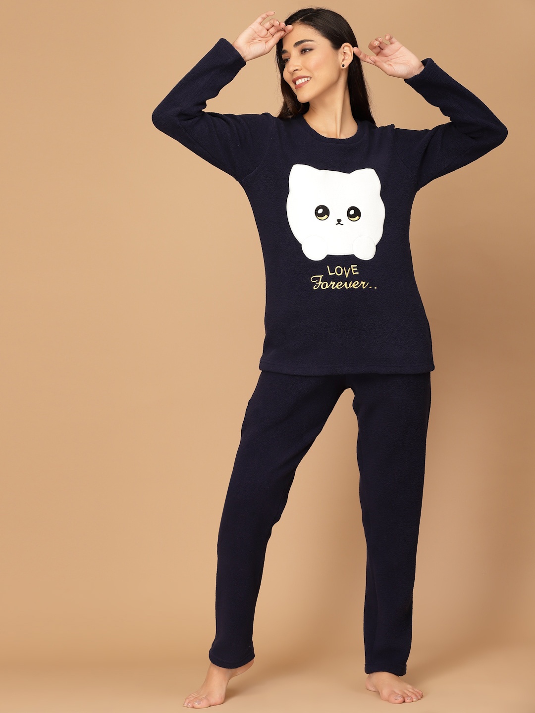 

Sweet Dreams Women Polar Fleece Applique Winter Pyjama Set, Navy blue