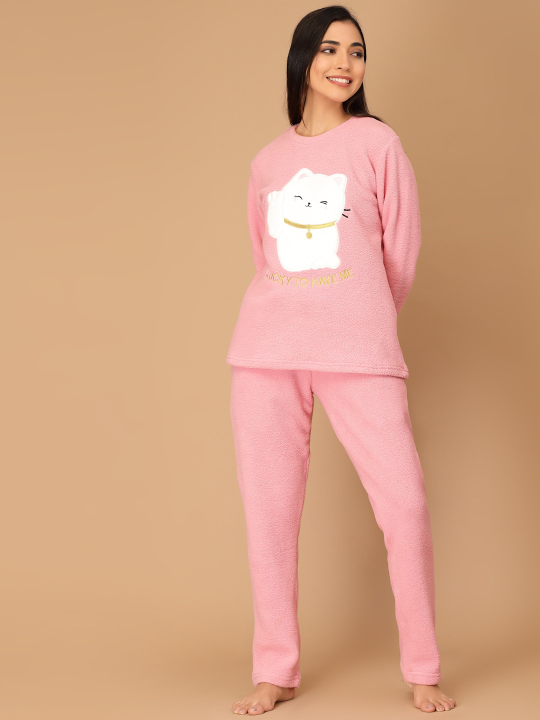 

Sweet Dreams Women Super Soft Polar Fleece Applique Winter Night Suit, Coral