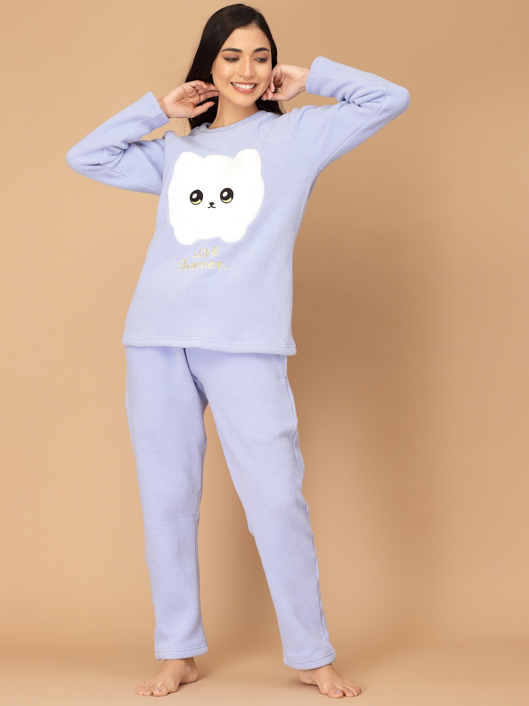 

Sweet Dreams Women Super Soft Polar Fleece Applique Winter Night Suit, Blue