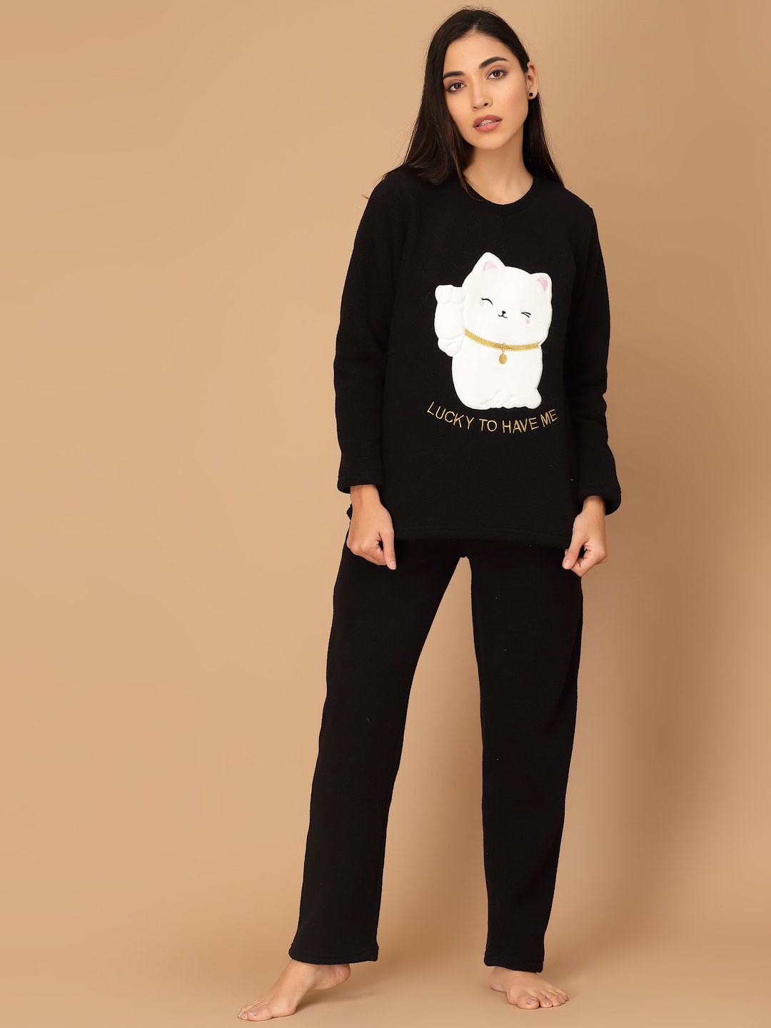 

Sweet Dreams Women Super Soft Polar Fleece Applique Winter Night suit, Black