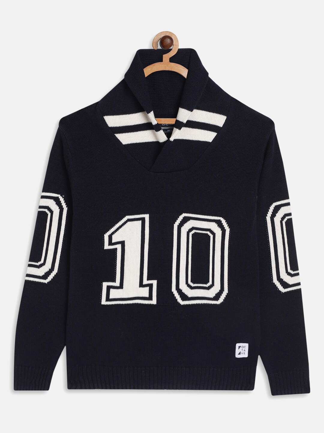 

Octave Boys Navy Blue & White Printed Typography Shawl Collar Pullover
