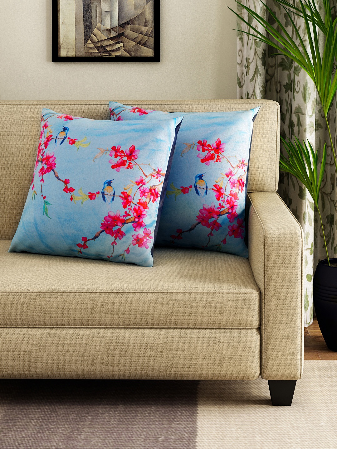 

HOUZZCODE Set of 2 Blue Printed 16" x 16" Square Cushion Covers