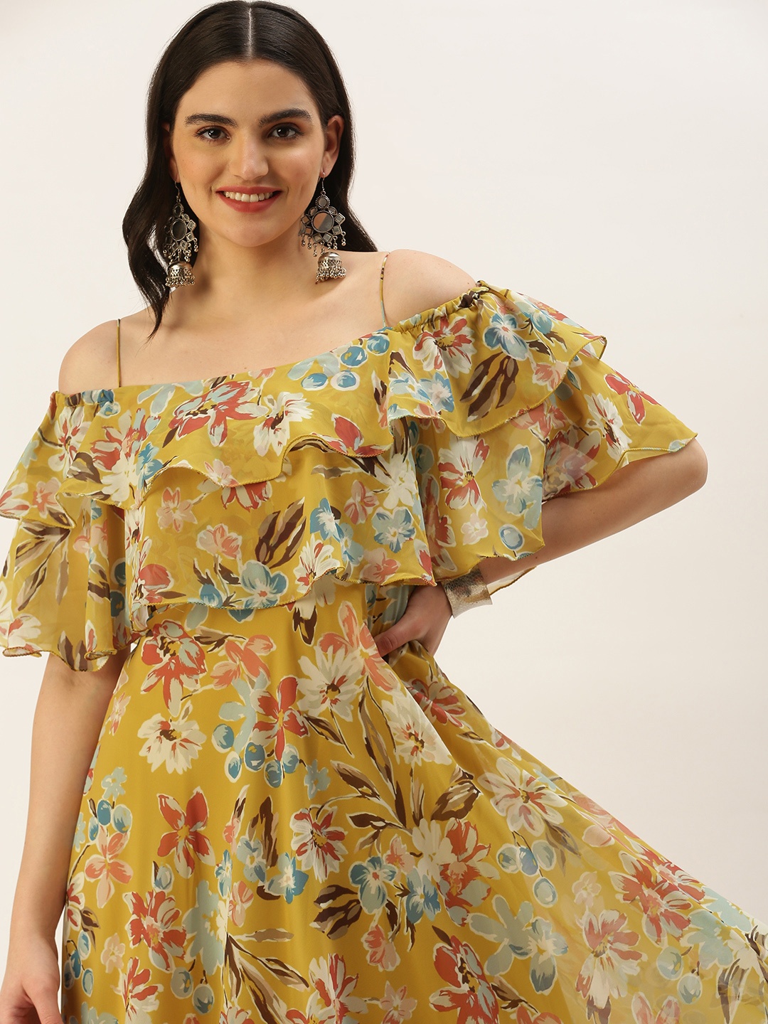 

Ethnovog Ready To Wear Yellow Georgette Digital Printed Gown, Mustard