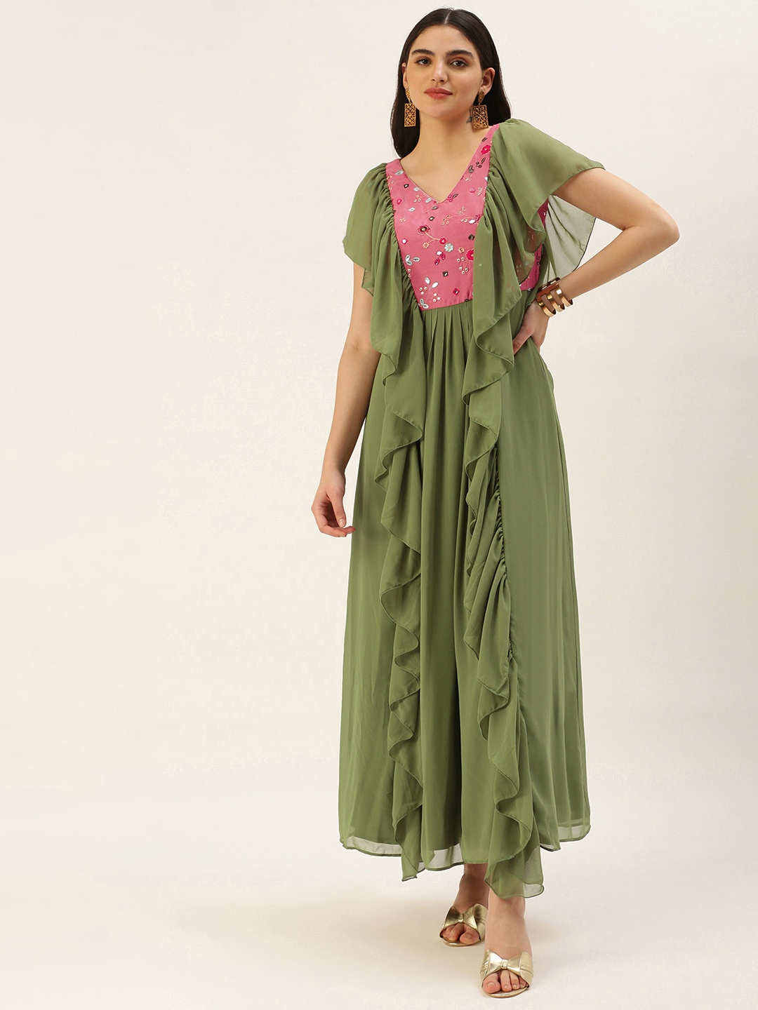 

Ethnovog Ready To Wear Green N Rouge Pink Chinon Ruffles Gown