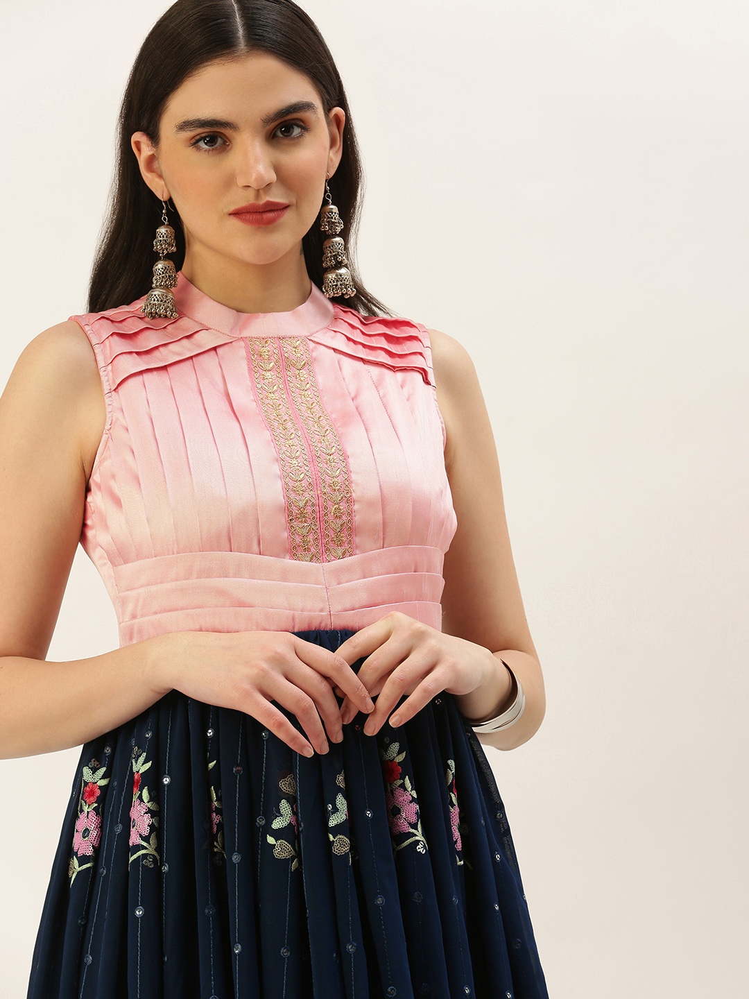 

Ethnovog Ready To Wear Navy Blue Embroidered Pleated Style Gown