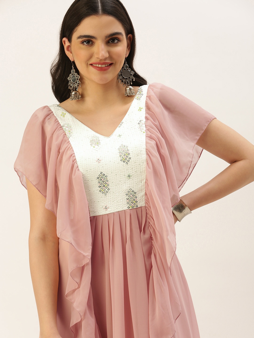 

Ethnovog Ready To Wear Pink N White Chinon Ruffles Gown