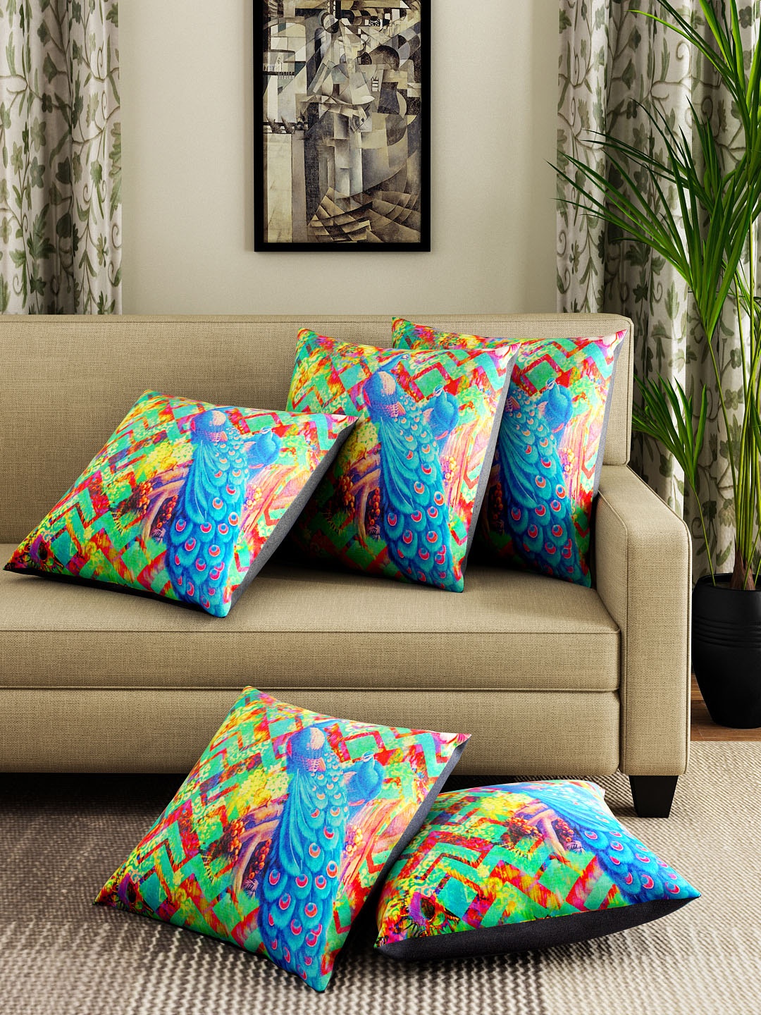 

HOUZZCODE Set of 5 Multicoloured Printed 12" x 12" Square Cushion Covers, Multi