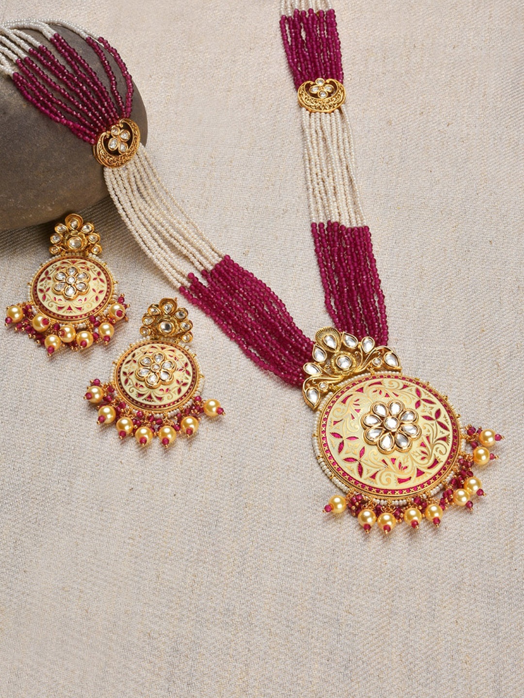 

SOHI Gold-Plated White & Red Stone Studded Beaded Jewellery Set