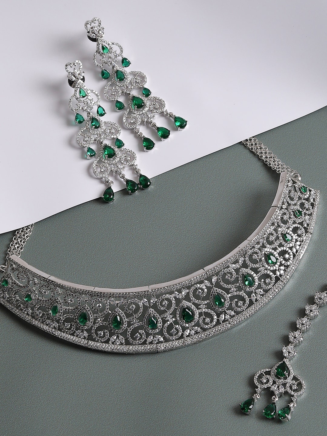 

SOHI Silver-Plated & Toned Green AD Studded Jewellery Set