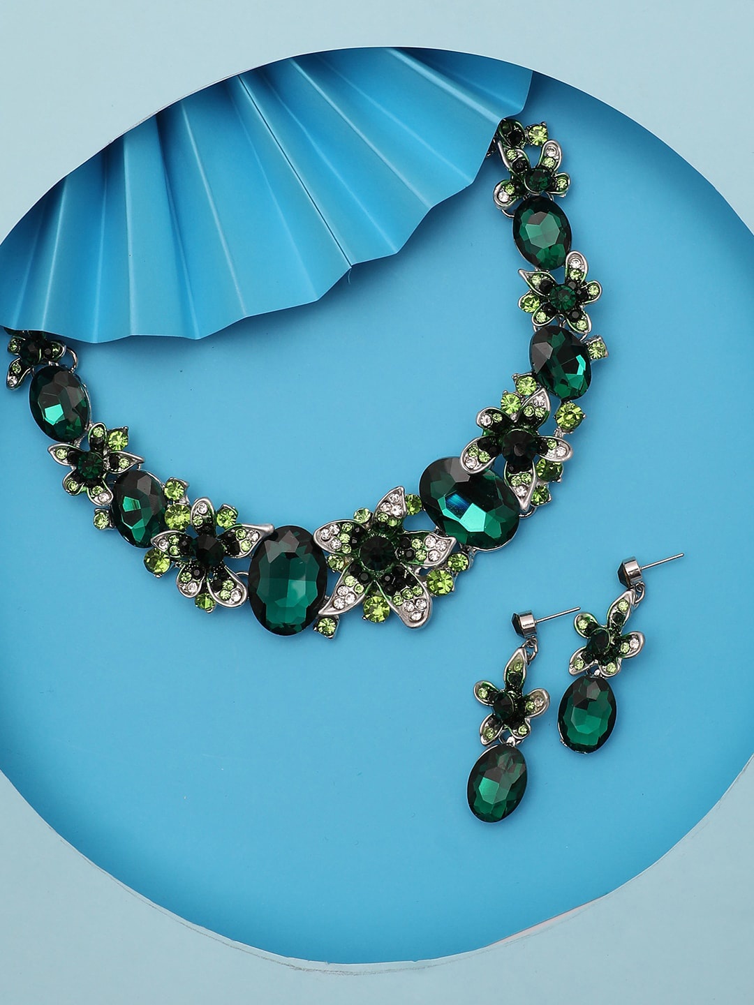 

SOHI Silver-Plated Teal Blue & Green Stone Studded Jewellery Set
