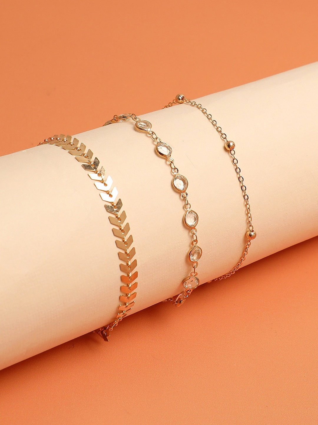 

SOHI Set Of 3 Gold-Plated Stone Studded Anklets