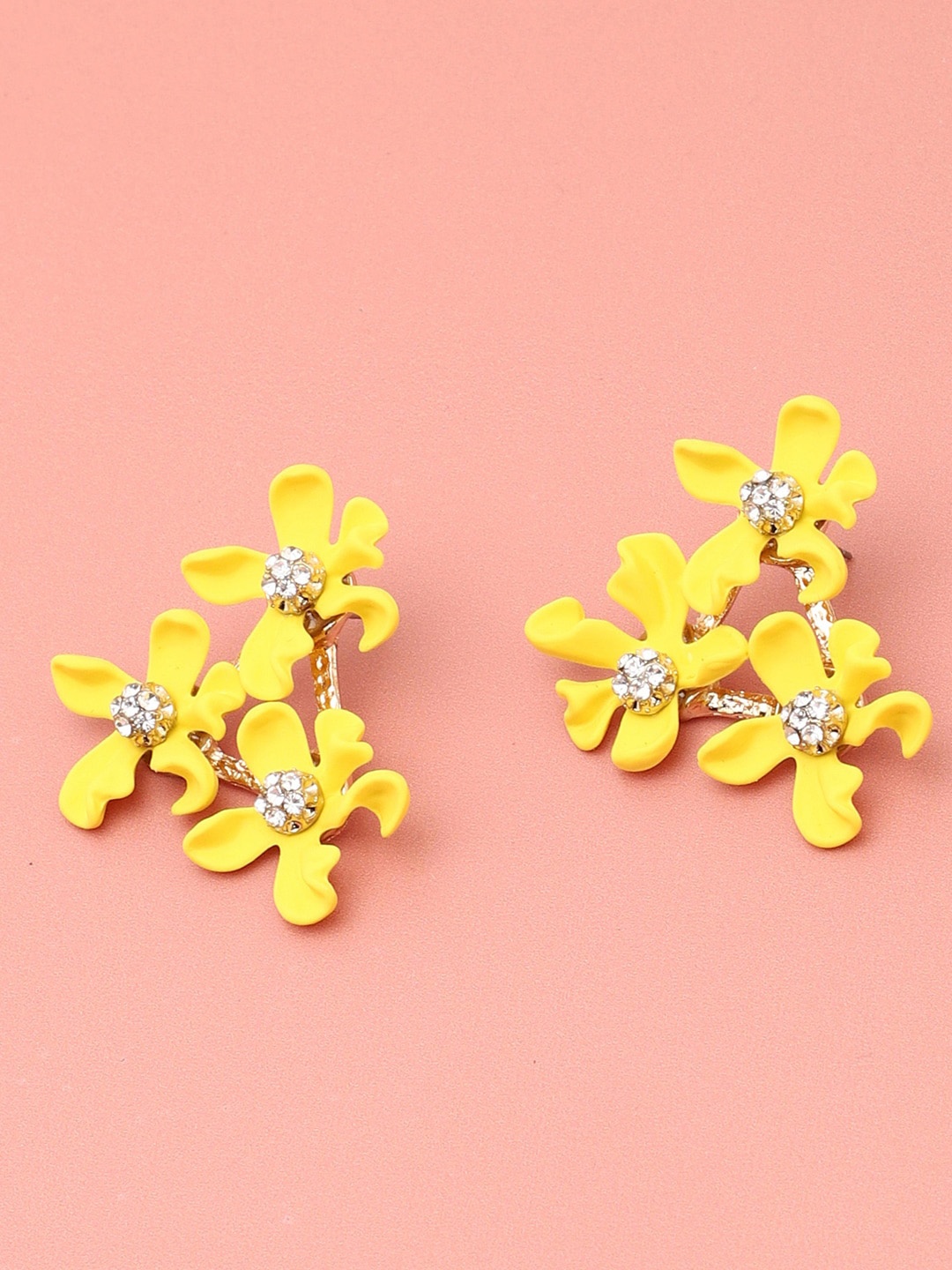 

SOHI Yellow & Gold-Toned Gold-Plated Floral Studs Earrings