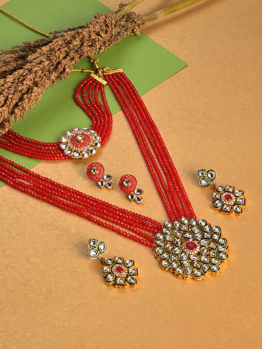 

SOHI Women Set of 2 Gold-Plated & Toned Red Artificial Beads Studded Jewellery Set