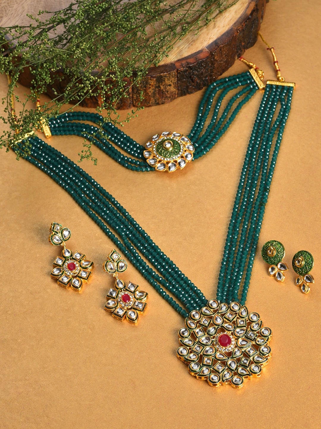 

SOHI Women Gold-Plated & Toned Green Set of 2 Artificial Beads Studded Jewellery Set