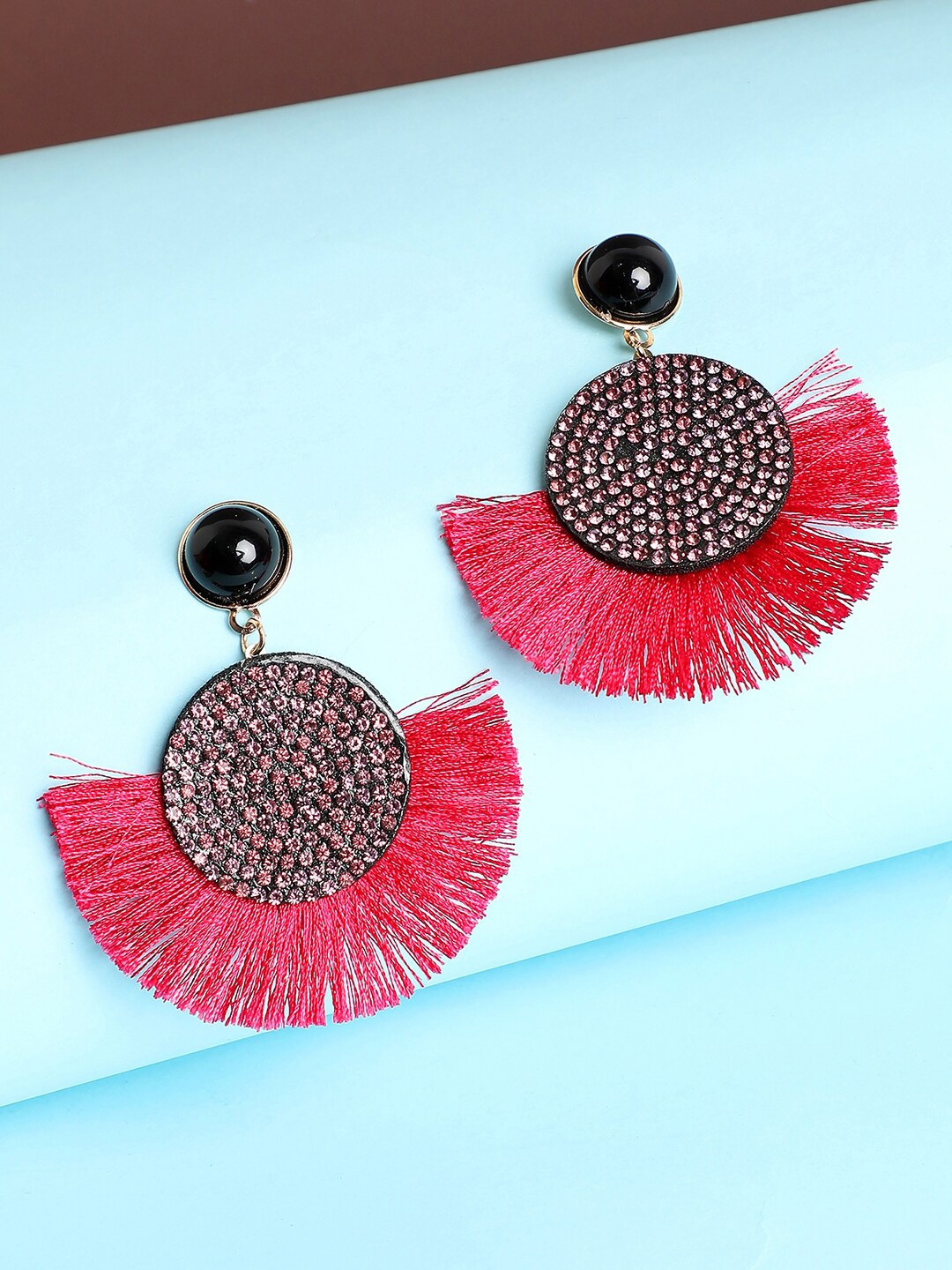 

SOHI Pink & Black Tasselled Drop Earrings