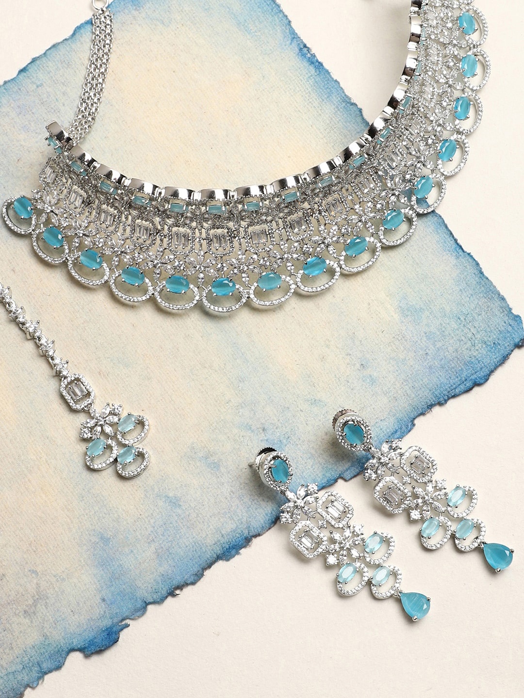 

SOHI Women Silver-Plated Blue & White Artificial Stones Jewellery Set