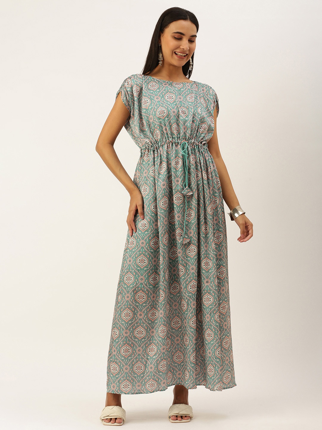 

Ethnovog Green White Ethnic Motifs A-Line Maxi Dress