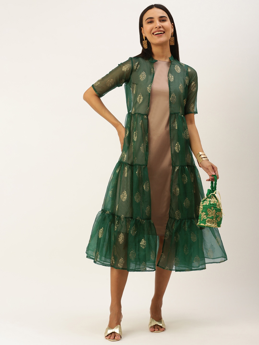 

Ethnovog Gold-Toned Green Midi Sheath Dress with Jacket