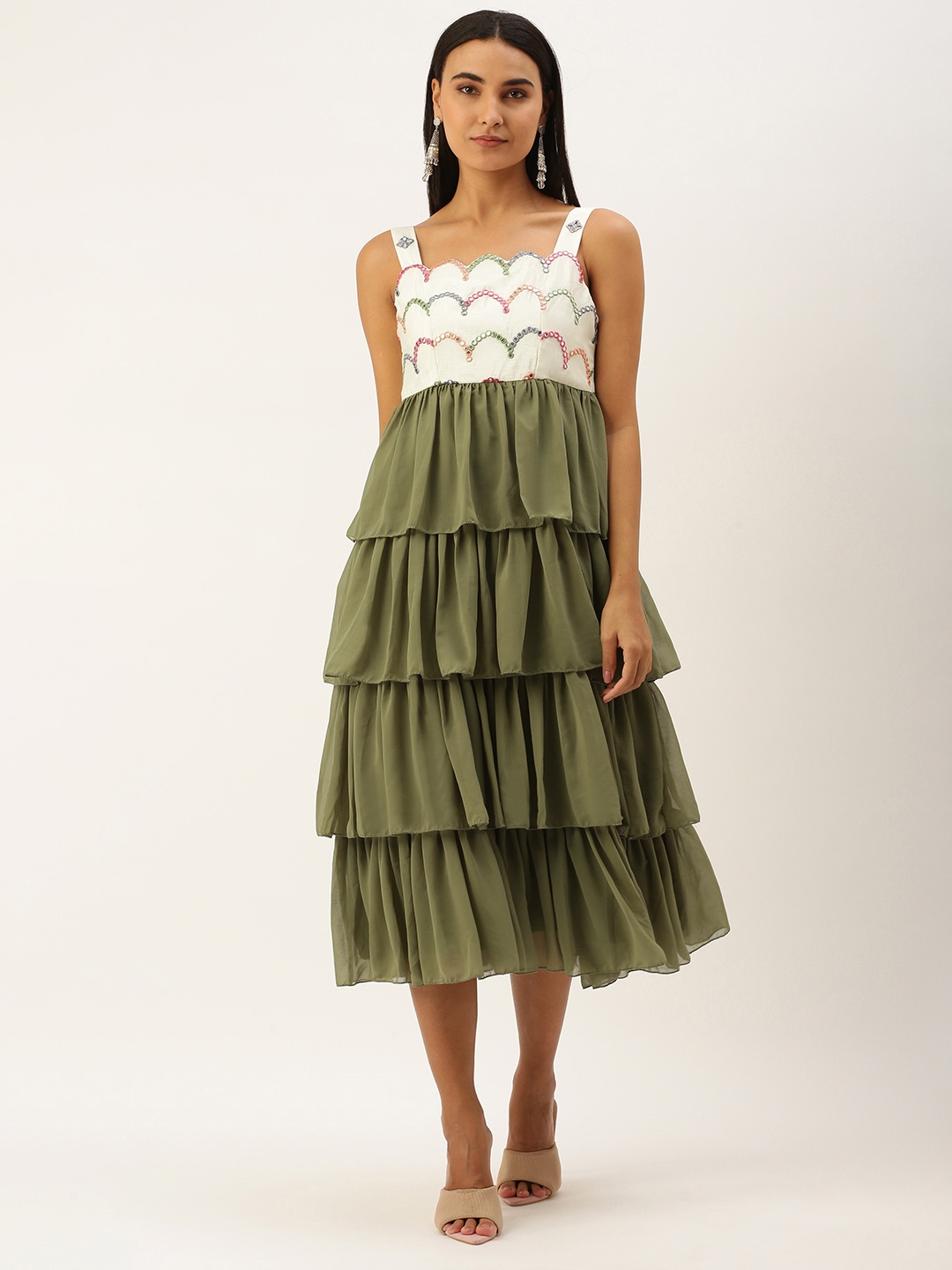 

Ethnovog Olive Green White Embroidered Layered Satin Midi Dress