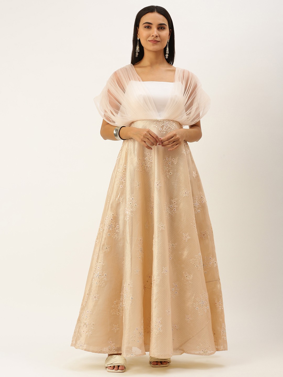 

Ethnovog Cream-Coloured White Floral Embroidered Maxi Dress