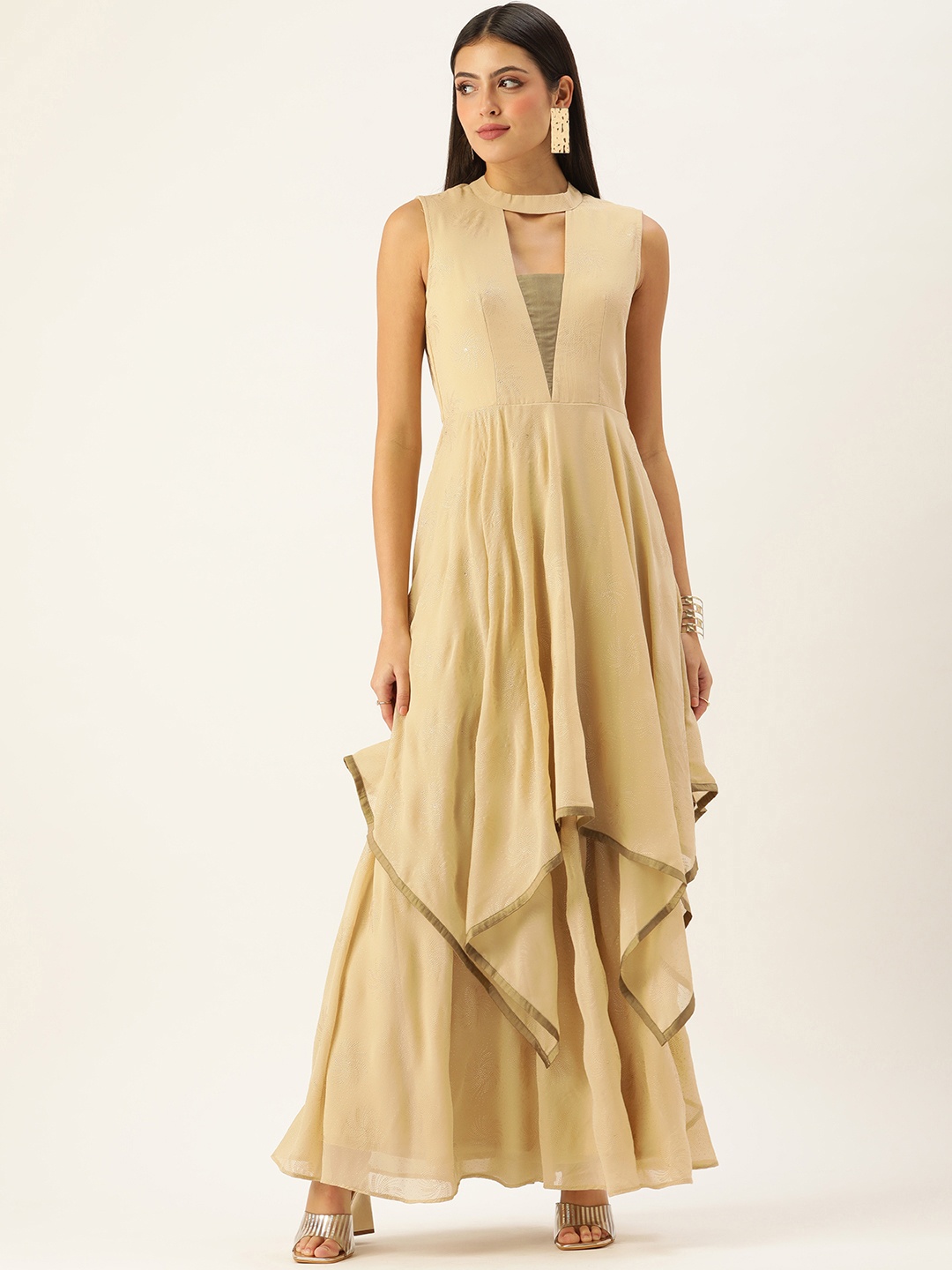 

Ethnovog Beige Floral Layered Georgette Ethnic Maxi Dress