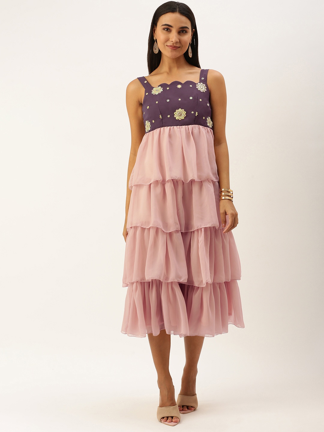 

Ethnovog Purple Pink Floral Embroidered Layered Midi Dress