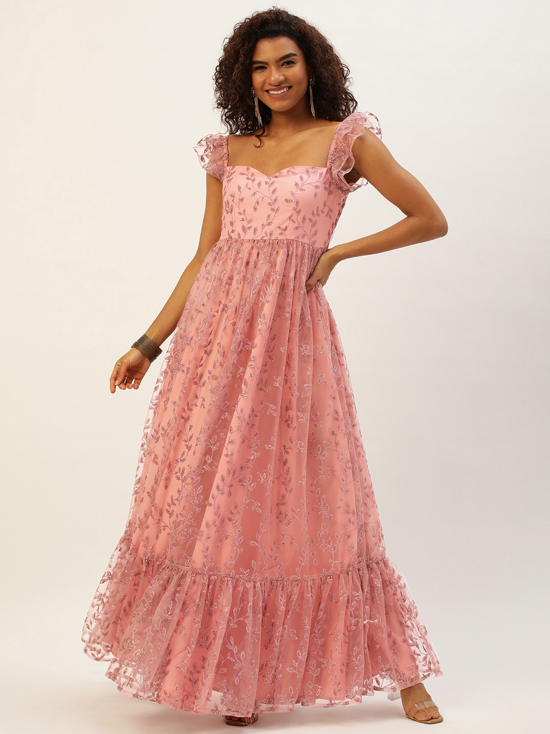 

Ethnovog Pink Ethnic Motifs Embroidered Net Maxi Dress