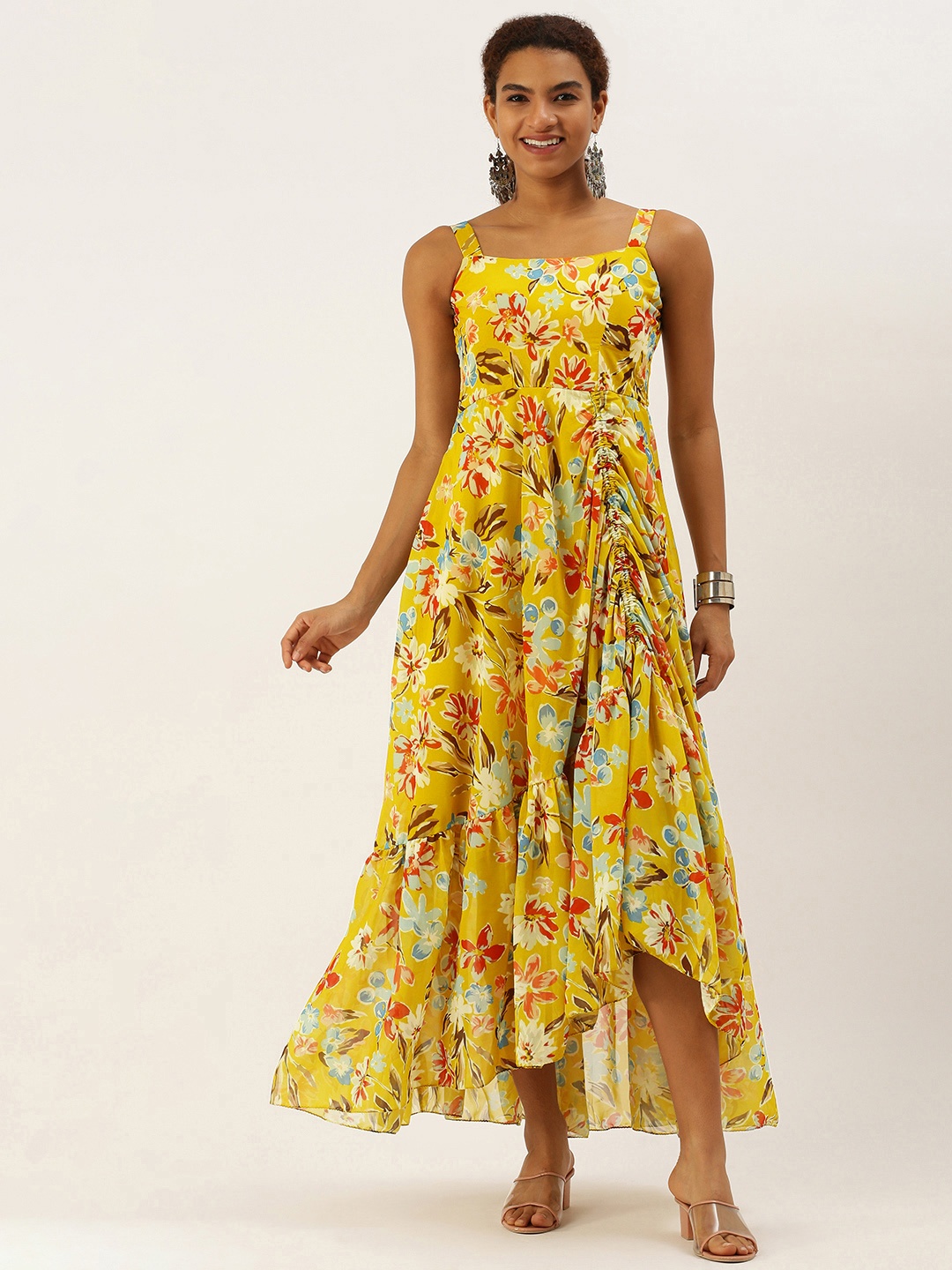 Ethnovog Floral Print Georgette Asymmetric Gathered A-Line Maxi Dress, Mustard