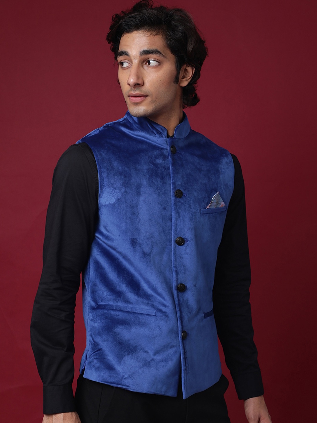 

RARE RABBIT Men Ziva Slim Fit Solid Nehru Jacket, Blue