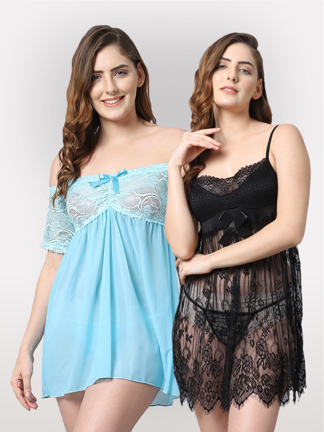 

Shararat Women Black & Blue Set Of 2 Self Design Lace Baby Dolls