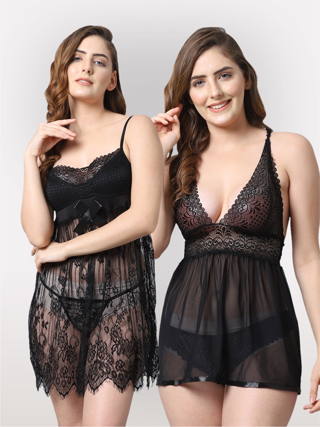 

Shararat Set Of 2 Self Design Lace Baby Dolls, Black