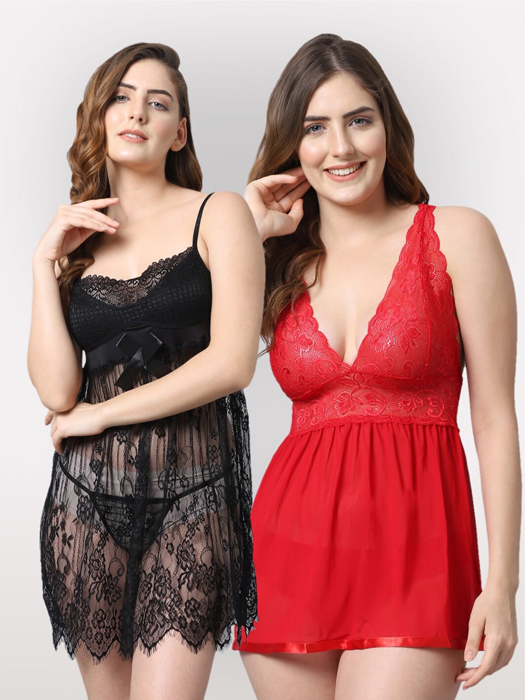 

Shararat Women Pack Of 2 Black & Red Lace Baby Doll
