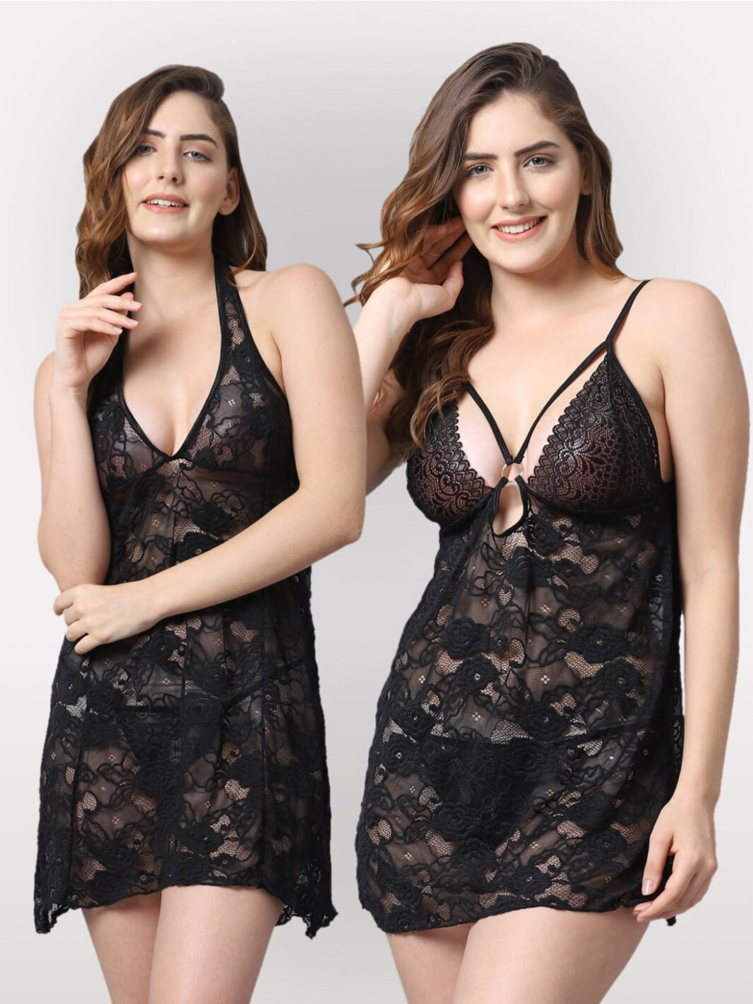 

Shararat Women Pack Of 2 Black Halter Neck Lace Baby Doll