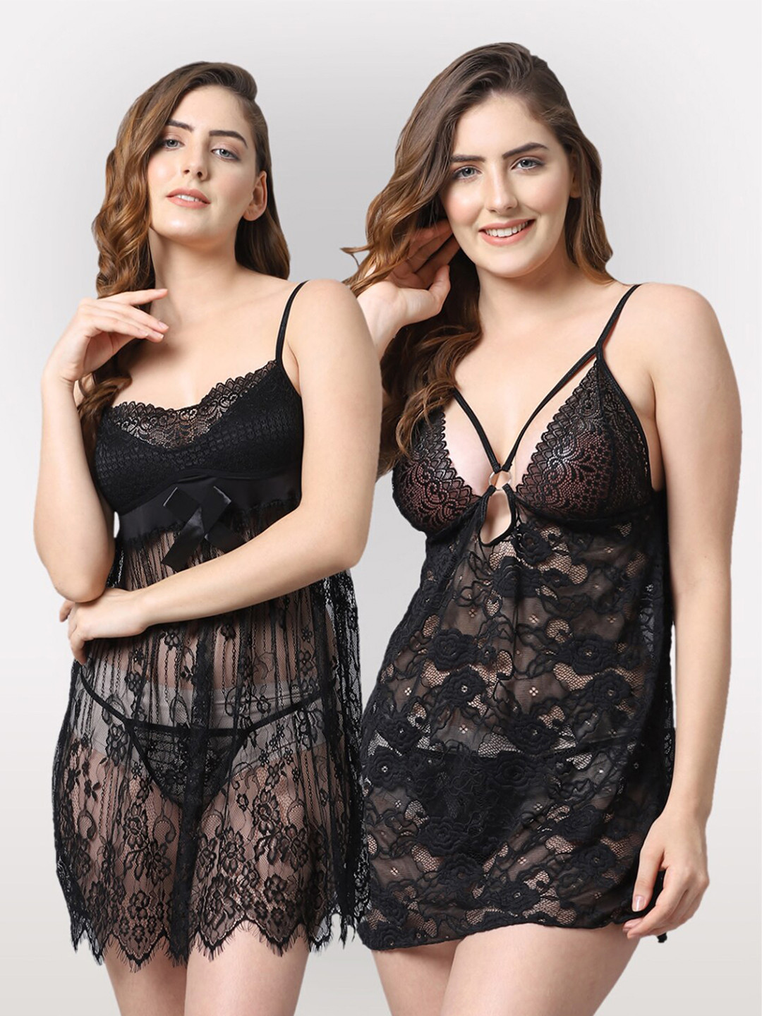 

Shararat Set Of 2 Self Design Lace Baby Dolls, Black