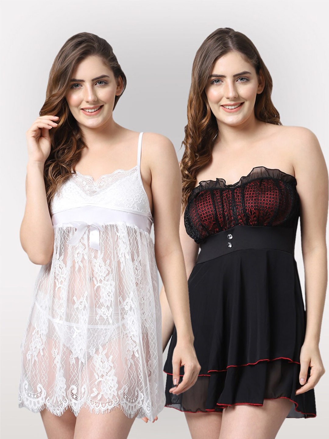 

Shararat Women Pack Of 2 White & Black Lace Baby Doll