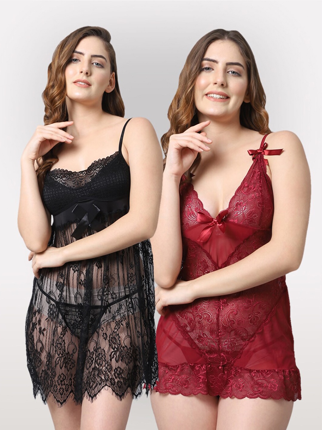 

Shararat Women Pack Of 2 Black & Maroon Lace Baby Doll