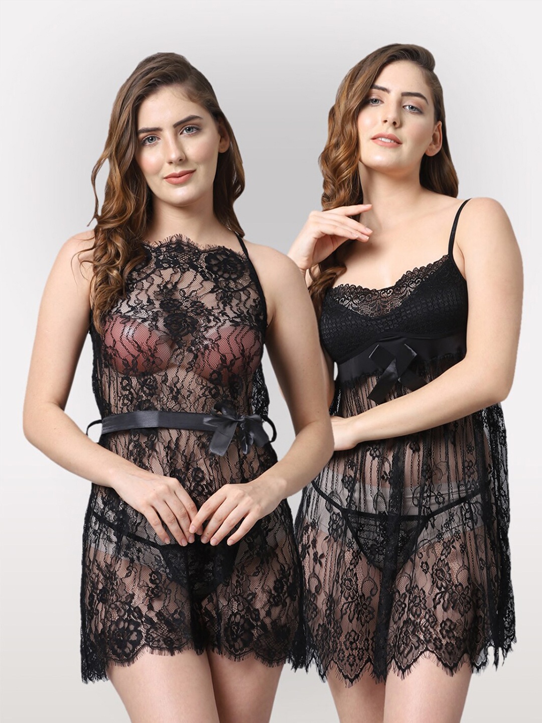 

Shararat Women Pack Of 2 Black Lace Baby Doll