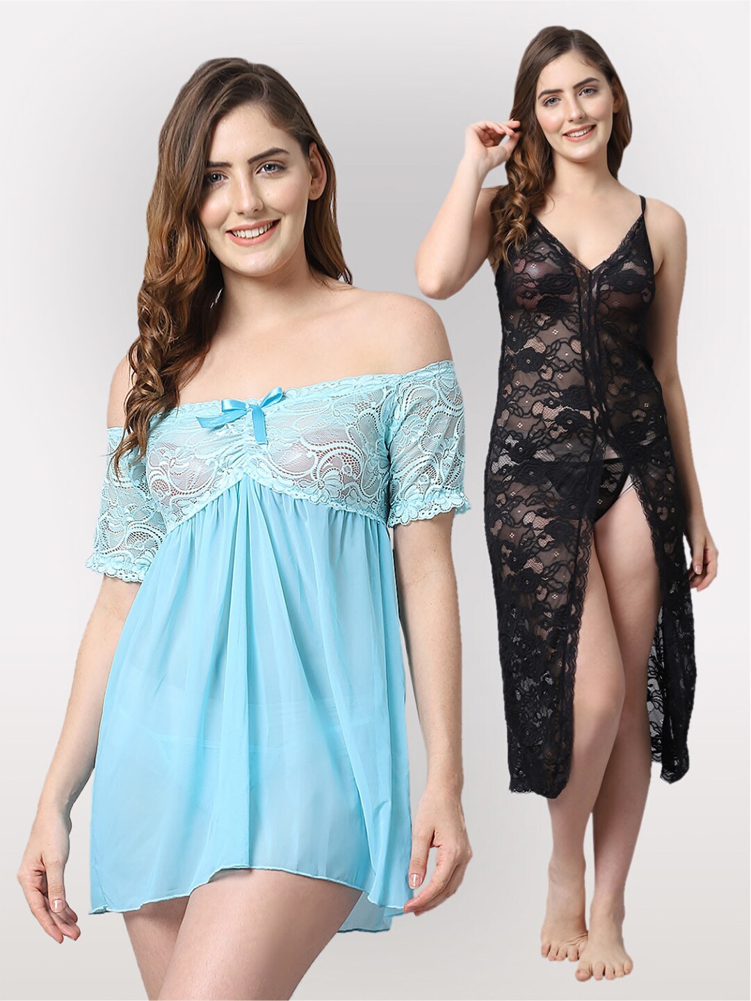 

Shararat Set Of 2 Self Design Lace Up Details Baby Dolls, Blue