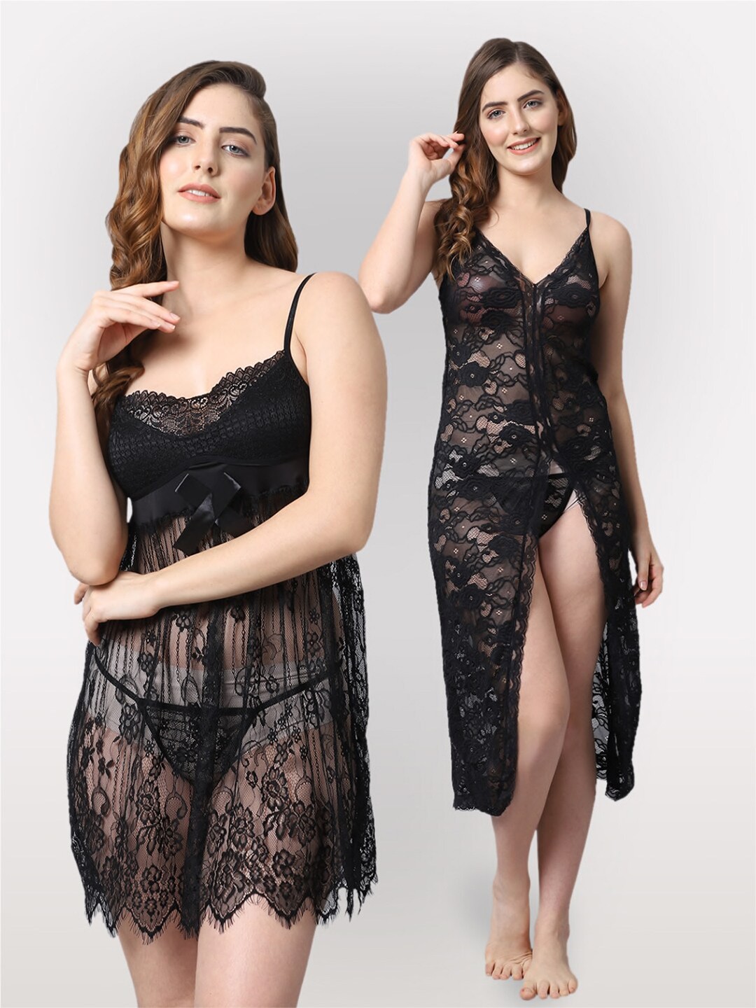 

Shararat Set Of 2 Self Design Lace Baby Dolls, Black
